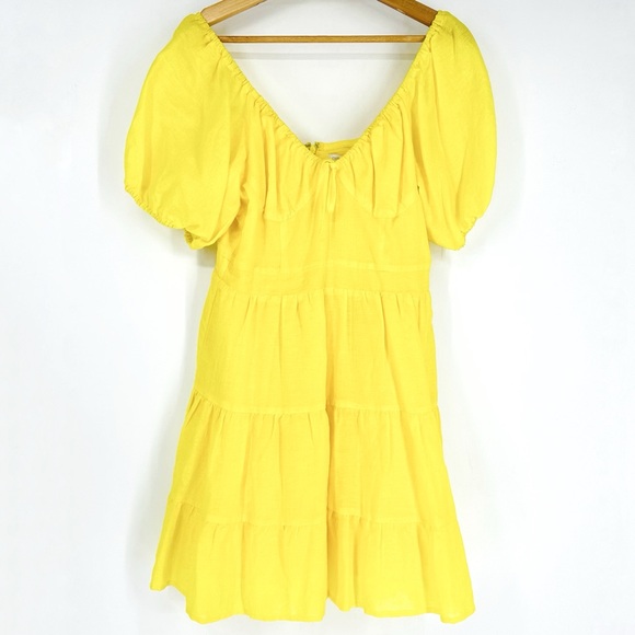 Chelsea & Violet Buttercup Yellow Linen Blend Tiered Puff Sleeve Mini Dress M - Picture 2 of 6